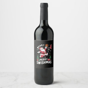 Merry Swishmas Christmas Santa Playing Basketball Wine Label