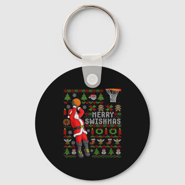 Merry Swishmas Ugly Christmas Basketball Christmas Keychain (Front)