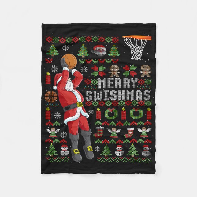 Merry Swishmas Ugly Christmas Bysketbyll Christmas Fleece Blanket (Front)