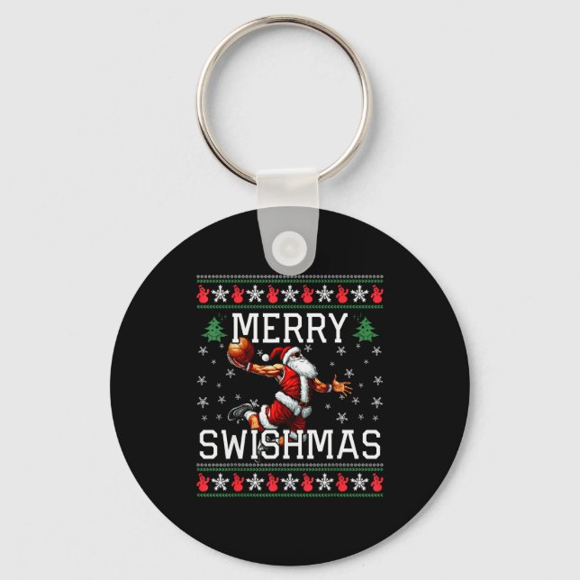 Merry Swishmas Ugly Funny Christmas Basketball Chr Keychain (Front)