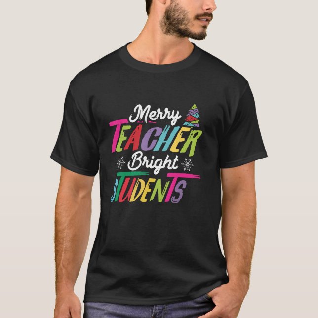 Merry Teacher Bright Students Crayon Tree Xmas  T-Shirt (Front)