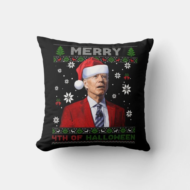 Merry th Of Halloween Fun Biden Ugly Christmas   Throw Pillow (Front)
