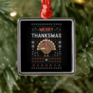 Merry Thanksmas Christmas Thanksgiving Turkey  Metal Ornament