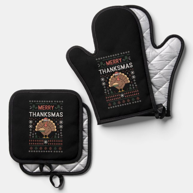 Merry Thanksmas Christmas Thanksgiving Turkey  Oven Mitt & Pot Holder Set (Front/Back)