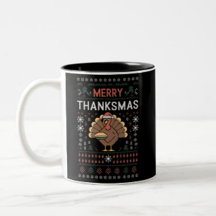 Merry Thanksmas Christmas Thanksgiving Turkey  Two-Tone Coffee Mug