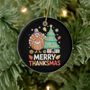 Merry Thanksmas Christmas Thanksgiving Turkey Xmas Ceramic Ornament