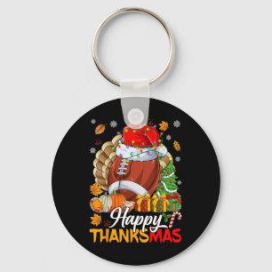 Merry Thanksmas Football Santa Hat Thanksgiving Ch Keychain