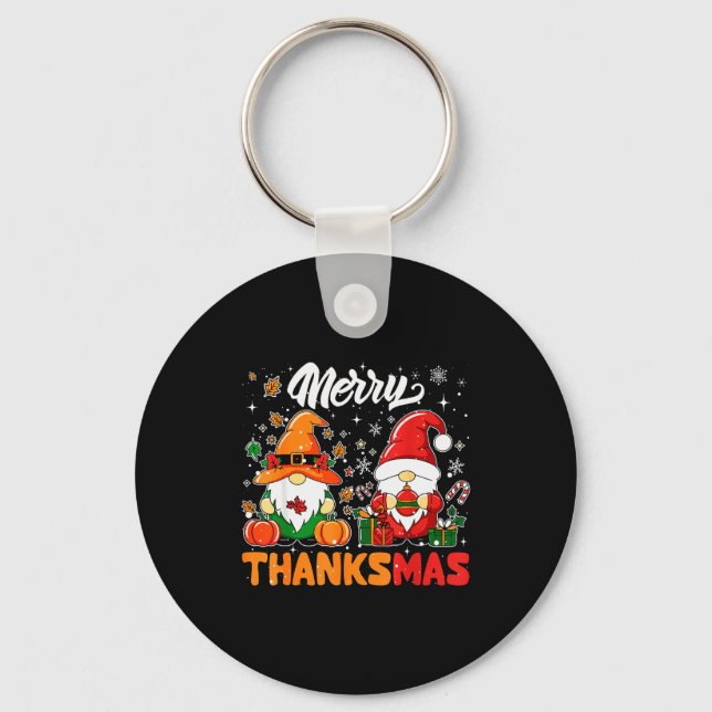 Merry Thanksmas Funny Fall Thanksgiving Santa Gnom Keychain (Front)
