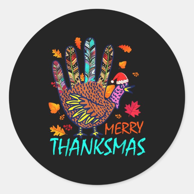 Merry Thanksmas Happy Thanksgiving Christmas Turke Classic Round Sticker (Front)