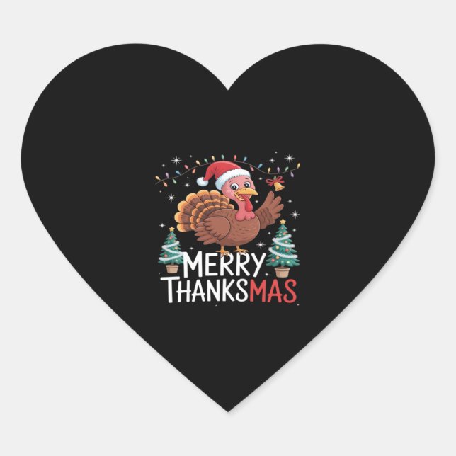 Merry Thanksmas Happy Thanksgiving Santa Turkey Es Heart Sticker (Front)