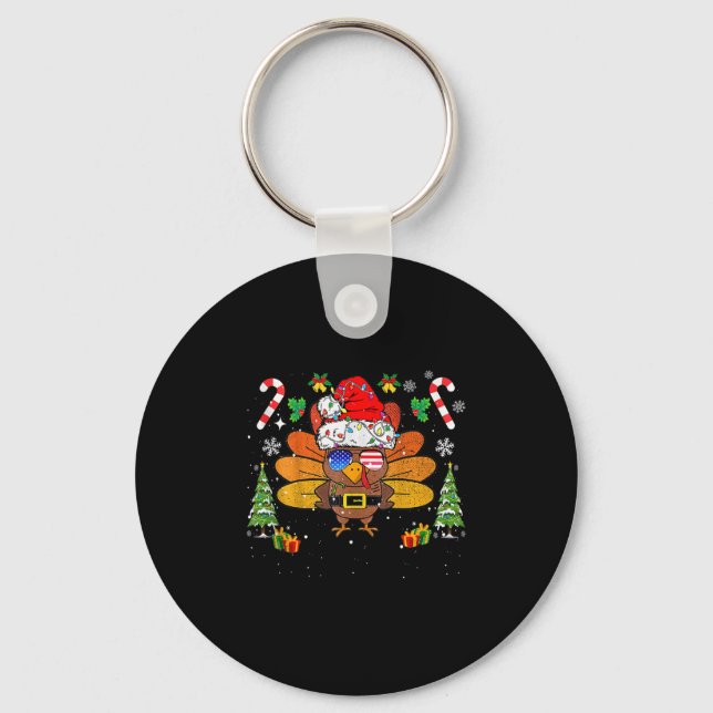 Merry Thanksmas Happy Thanksgiving Santa Turkey Xm Keychain (Front)