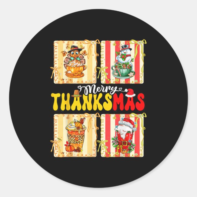 Merry Thanksmas Pumpkin Sce Latte Coffee Thanksgiv Classic Round Sticker (Front)