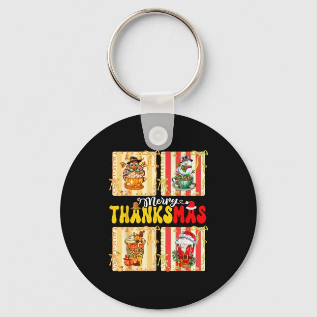 Merry Thanksmas Pumpkin Sce Latte Coffee Thanksgiv Keychain (Front)