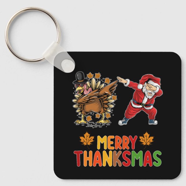 Merry Thanksmas Thanksgiving Fall Christmas Season Keychain (Front)