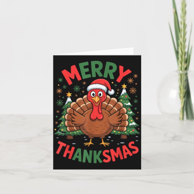 Merry Thanksmas Turkey Santa Hat Christmas Tree Fa Card (Front)