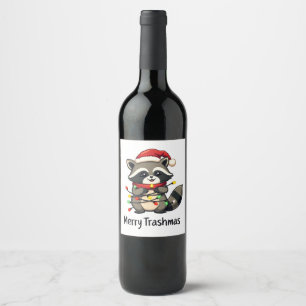 Merry Trashmas Funny Raccoon Christmas Holiday Wine Label