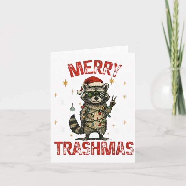 Merry Trashmas Raccoon Christmas Lights Funny Xmas Card (Front)