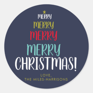 Merry Tree Navy Typographic Personalized Holiday Classic Round Sticker