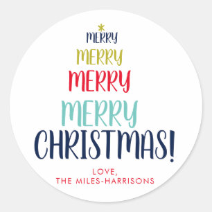 Merry Tree Typographic Personalized Holiday Classic Round Sticker