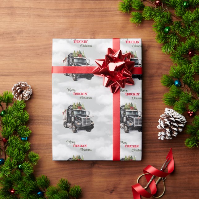 Merry Truckin' Christmas Black Semi Wrapping Paper (Holiday Gift)