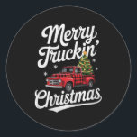 Merry Truckin' Christmas Buffalo Plaid Clic Ck Up  Classic Round Sticker<br><div class="desc">Merry Truckin' Christmas Buffalo Plaid Clic Ck Up Truck Premium Tri-blend</div>