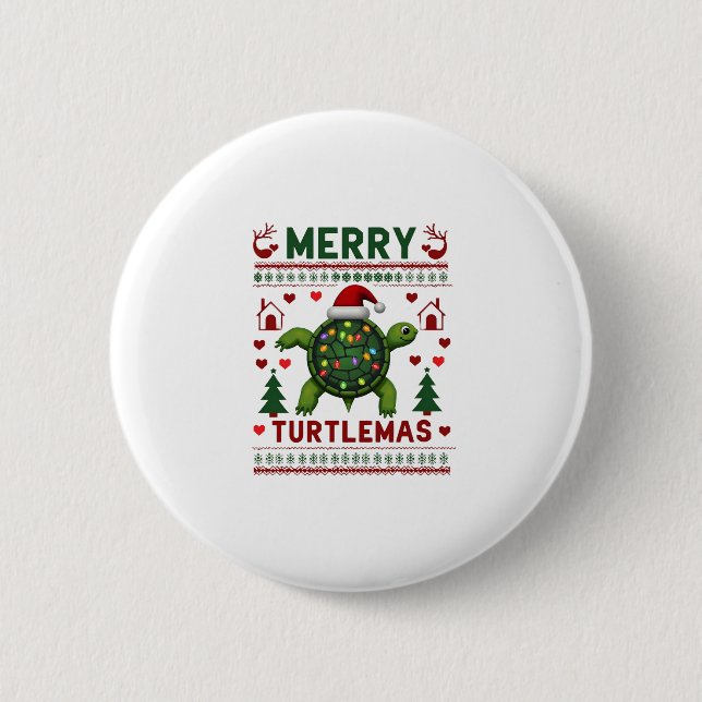 Merry Turtlemas Christmas Lights Cute Turtle Santa 2 Inch Round Button (Front)