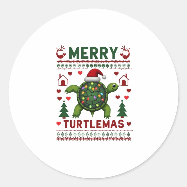 Merry Turtlemas Christmas Lights Cute Turtle Santa Classic Round Sticker (Front)