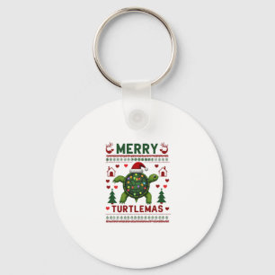 Merry Turtlemas Christmas Lights Cute Turtle Santa Keychain
