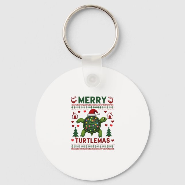 Merry Turtlemas Christmas Lights Cute Turtle Santa Keychain (Front)