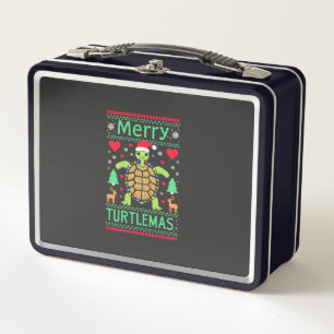 Merry Turtlemas Christmas Lights Cute Turtle Santa Metal Lunch Box
