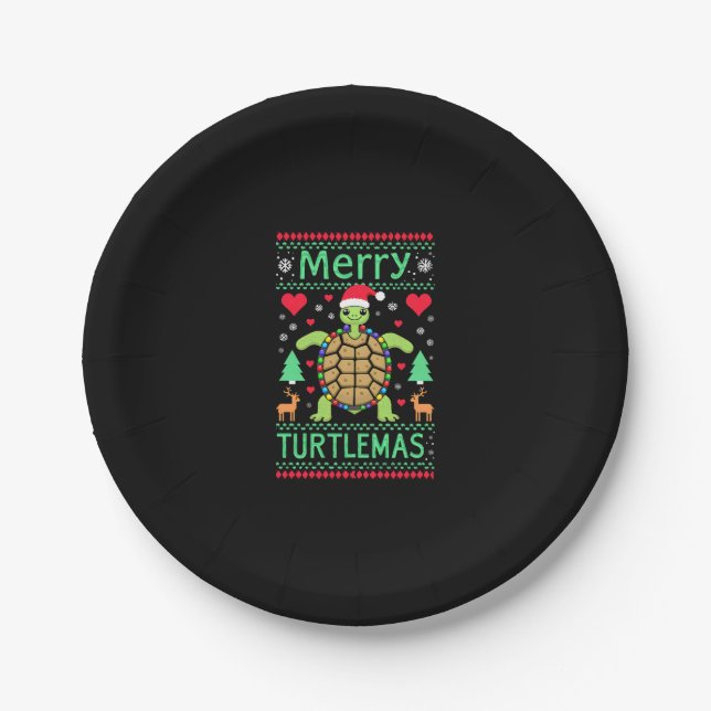 Merry Turtlemas Christmas Lights Cute Turtle Santa Paper Plate (Front)