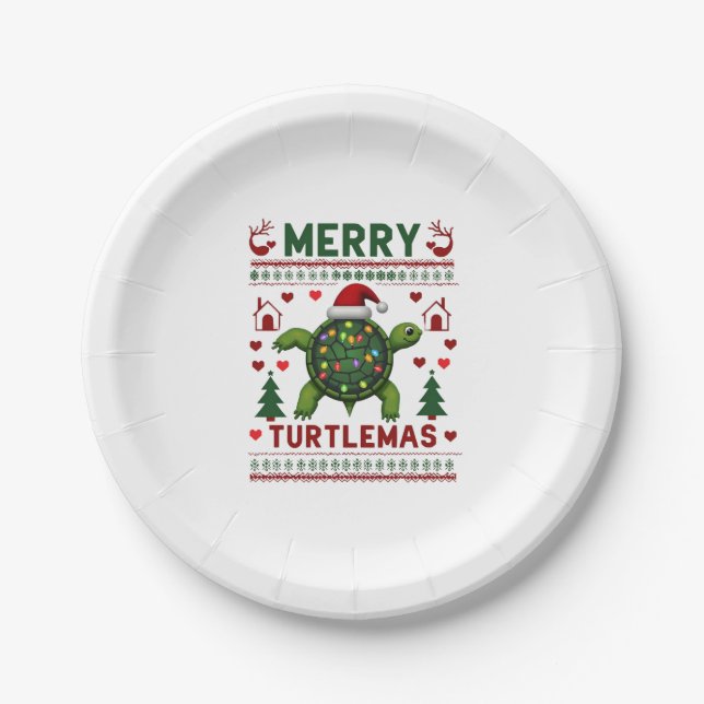 Merry Turtlemas Christmas Lights Cute Turtle Santa Paper Plate (Front)