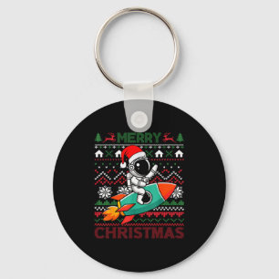 Merry Ugly Christmas Santa Hat Astronaut Riding Ro Keychain
