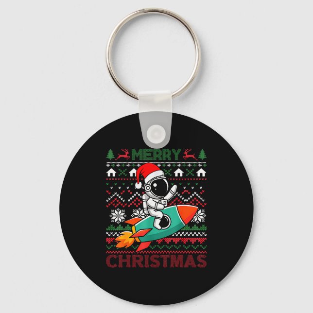 Merry Ugly Christmas Santa Hat Astronaut Riding Ro Keychain (Front)