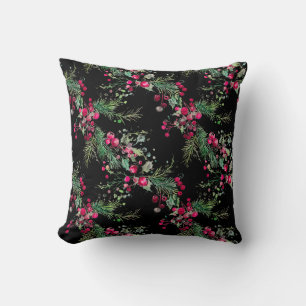 Merry very berry Christmas holly red watercolor Throw Pillow