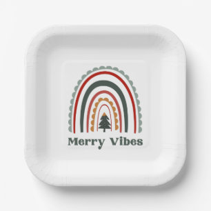 Merry Vibes Boho Rainbow Retro Christmas Party Paper Plate