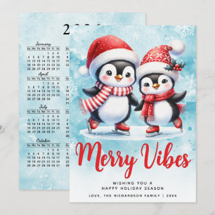 Merry Vibes Cute Penguins Blue Red Christmas Holiday Card
