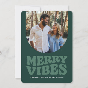 Merry vibes fun retro green photo Christmas Holiday Card