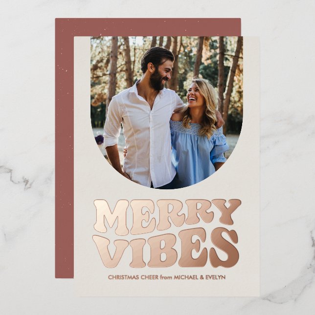 Merry vibes fun retro photo rose gold Christmas Foil Holiday Card (Front/Back)