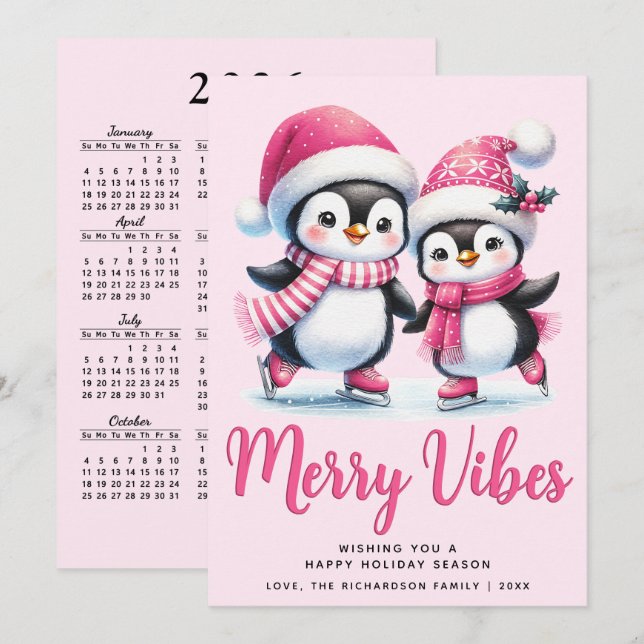 Merry Vibes Ice Skating Penguins Pink Christmas Holiday Card (Front/Back)