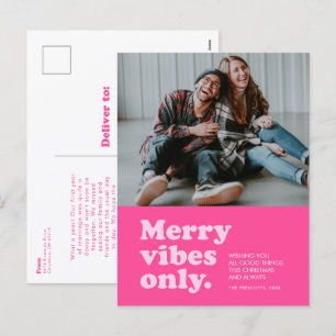 Merry vibes only cute hot pink Christmas photo Holiday Postcard