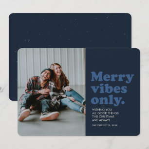 Merry vibes only fun retro navy photo holiday card