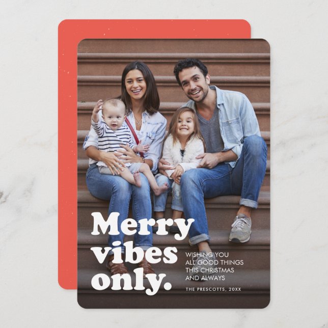 Merry vibes only fun retro vertical photo holiday card (Front/Back)