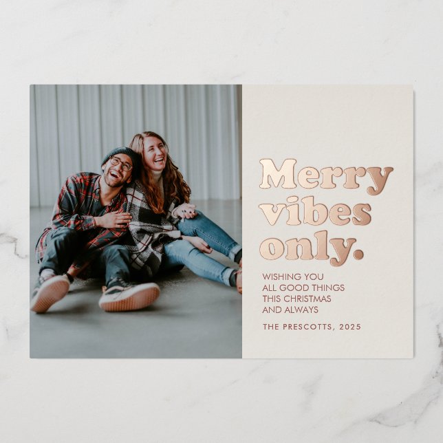 Merry vibes only retro Christmas Foil Holiday Card (Front)
