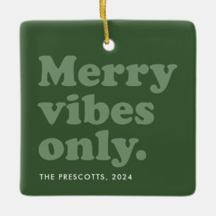 Merry vibes only retro green 2022 holiday photo ceramic ornament