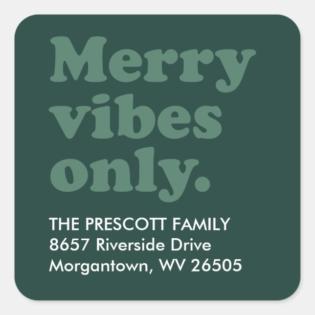 Merry vibes only retro green return address square sticker (Front)