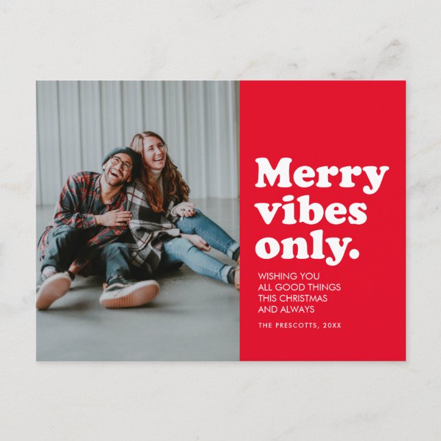 Merry vibes only retro red photo holiday postcard (Front)