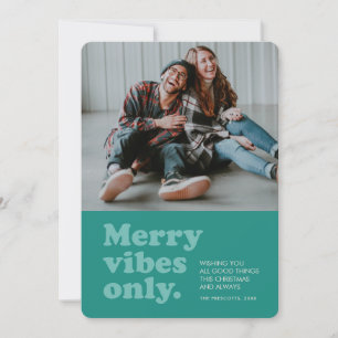 Merry vibes only retro teal photo holiday card