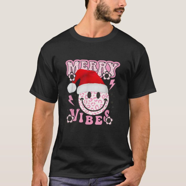 Merry Vibes Pink Leopard Print Smiling Happy Face  T-Shirt (Front)