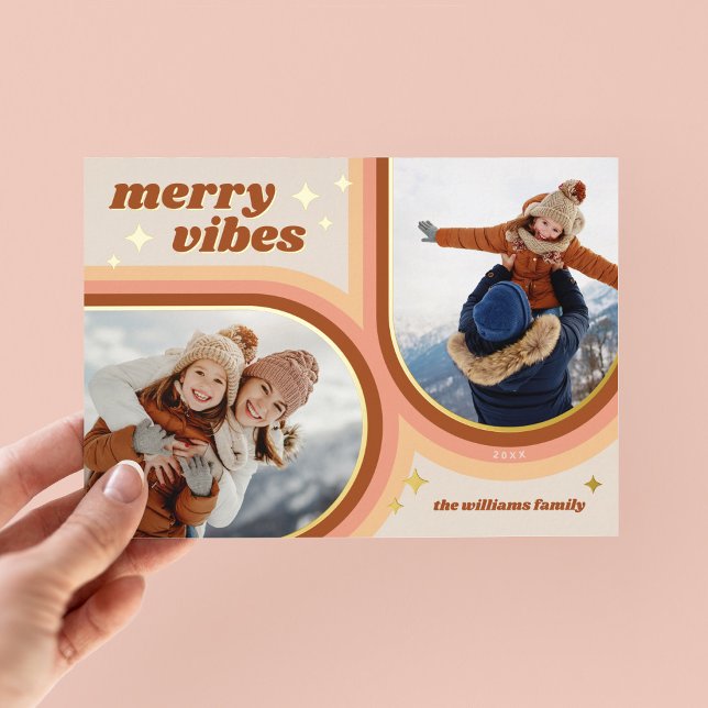 Merry Vibes Retro Arched Photo Gold Foil Holiday Card (Creator Uploaded)
